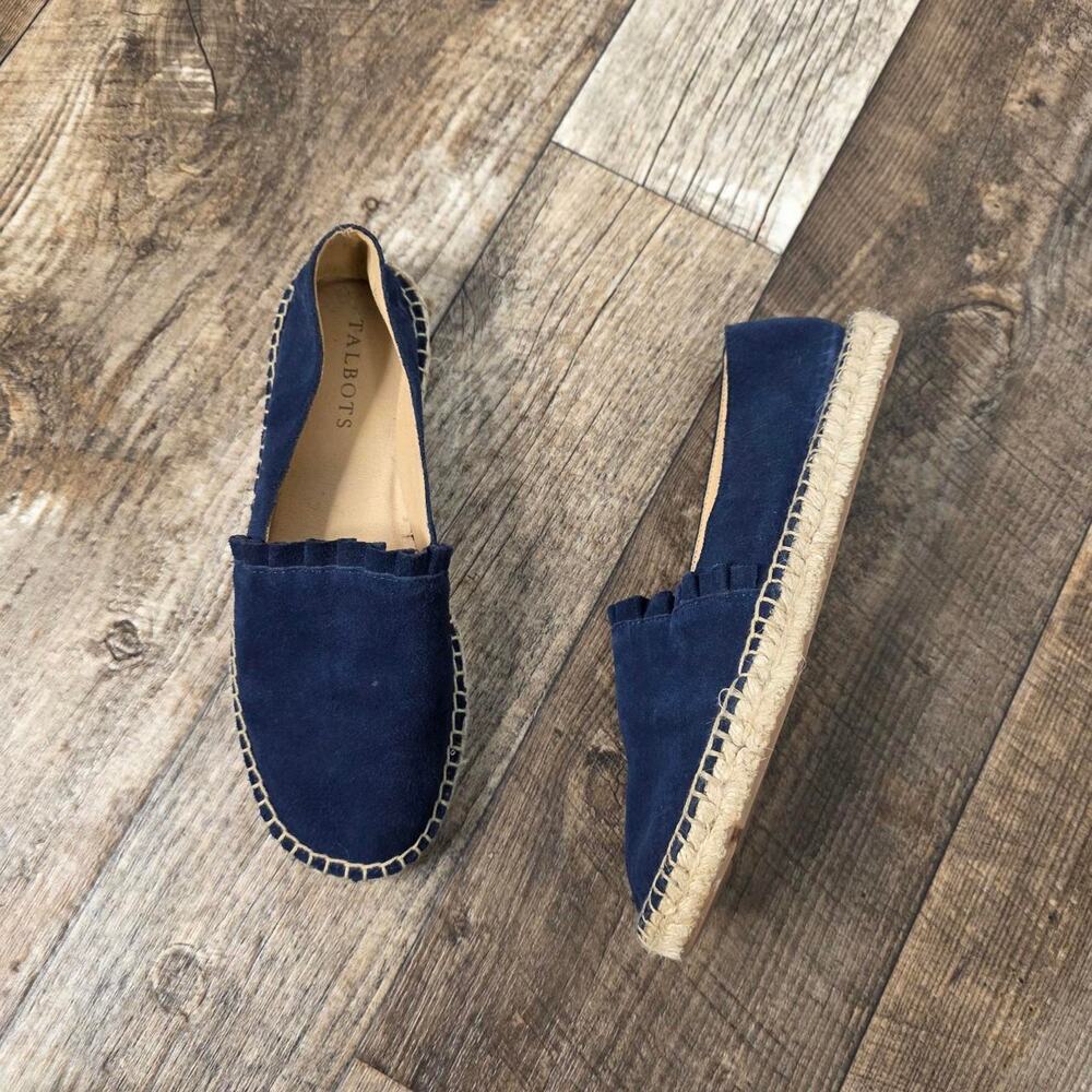 Talbots Navy Suede Espadrille Flats Ruffle Slip On Coastal Preppy Shoes SZ 6 1/2